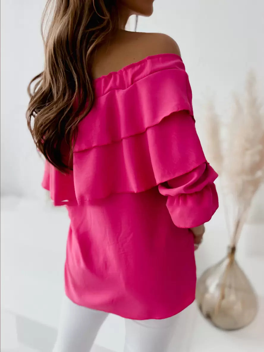 Women's Off-Shoulder Blouse - Ruffled Layered Design - 3/4 Sleeve Tie Neck