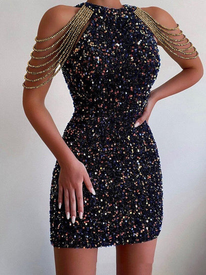 Women’s Bodycon Dress - Halter Neck - Sequin Embellished - Beaded Shoulder Detail