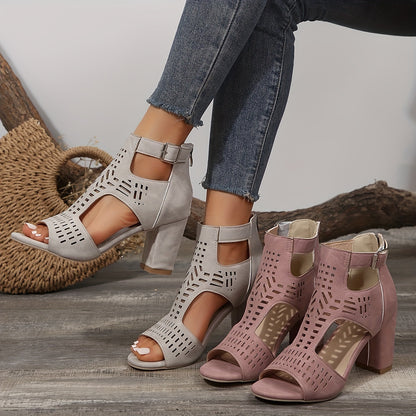 Women's Peep-Toe Ankle Boots - Cut-Out Design - Block Heel - Buckle Strap
