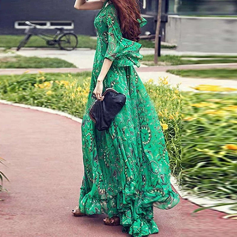 Women's Maxi Dress - V-Neck Bohemian Style - Flowy Loose Fit - 3/4 Sleeve Elegant Wear