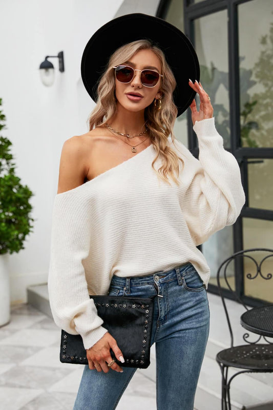 Horizontal Ribbing Dolman Sleeve Boat Neck Sweater