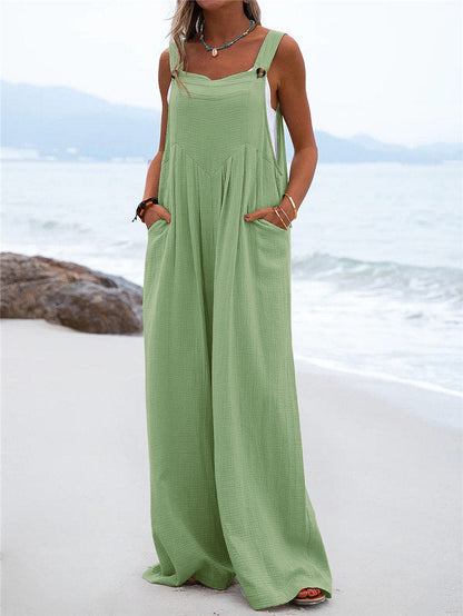 Women's Wide-Leg Jumpsuit - Breathable Fabric - Relaxed Fit - Button Straps & Pockets