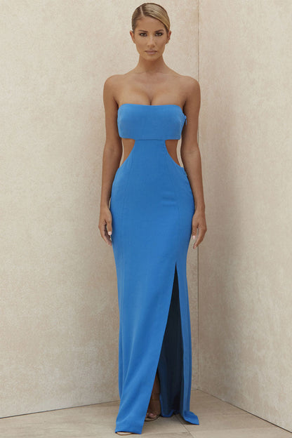 Women’s Maxi Dress – Strapless Slim Fit – Satin Finish – High Slit – Side Cut-Outs