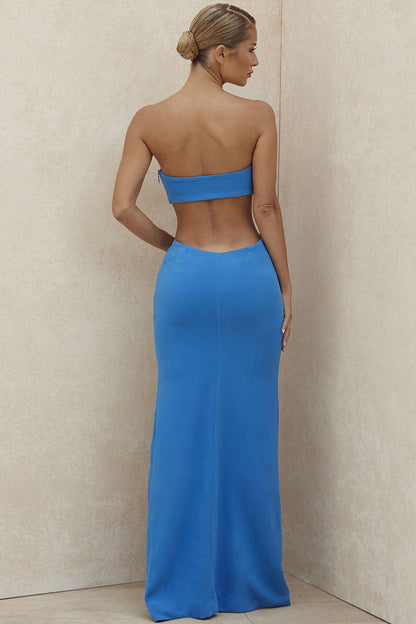 Women’s Maxi Dress – Strapless Slim Fit – Satin Finish – High Slit – Side Cut-Outs