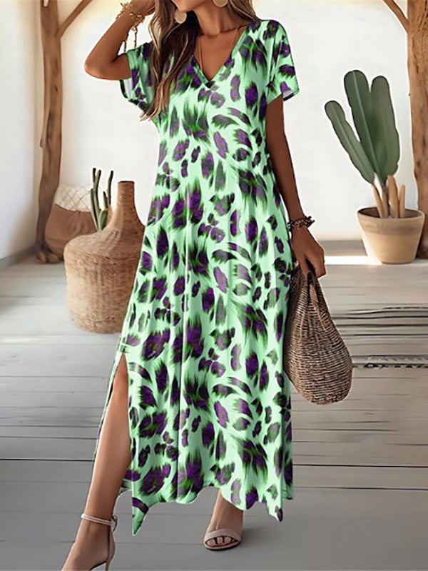 Women's Maxi Dress - V-Neck - Short Sleeve - Flowy Fit with Side Slits