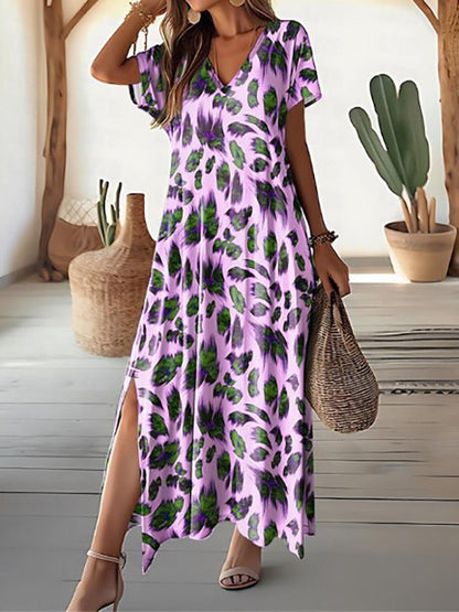 Women's Maxi Dress - V-Neck - Short Sleeve - Flowy Fit with Side Slits