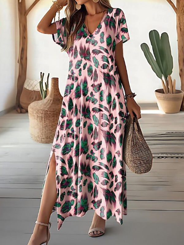 Women's Maxi Dress - V-Neck - Short Sleeve - Flowy Fit with Side Slits