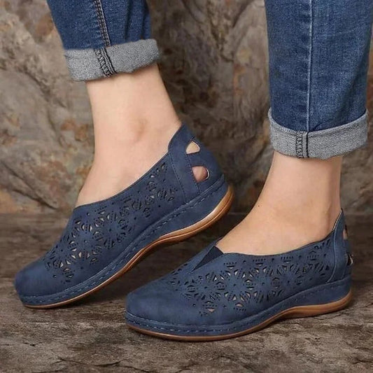 Cushioned Cut-Out Low Wedge Slip-On Shoes