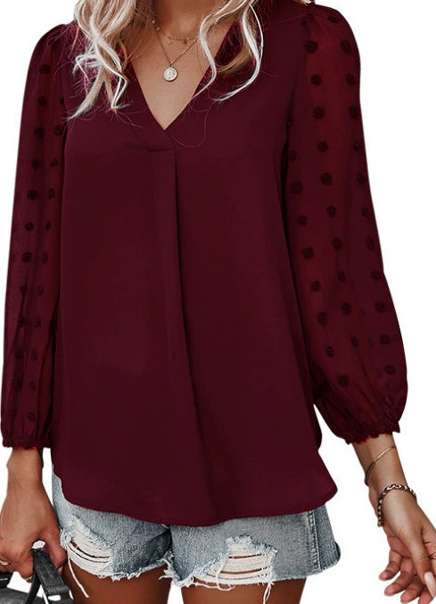 Sheer Applique V-Neck Relaxed Blouse