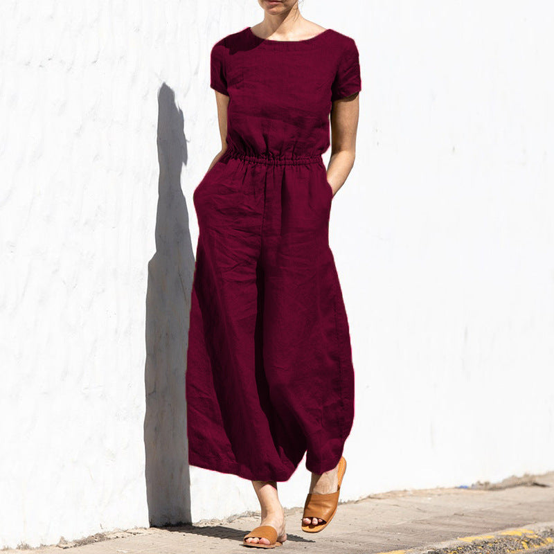 Women's Casual Wide-Leg Jumpsuit - Elastic Waist - Short Sleeve - Summer Style