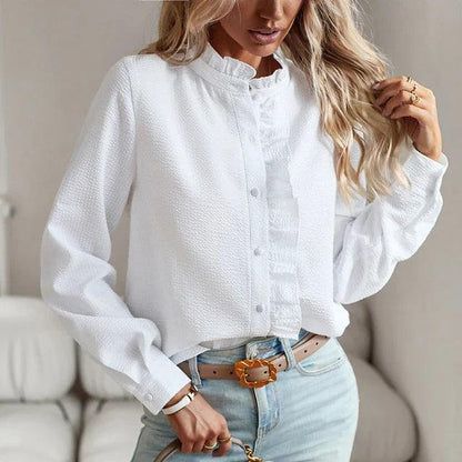 Women's Blouse - Textured Crinkle Fabric - Long Sleeve - Button Front - Ruffled Collar