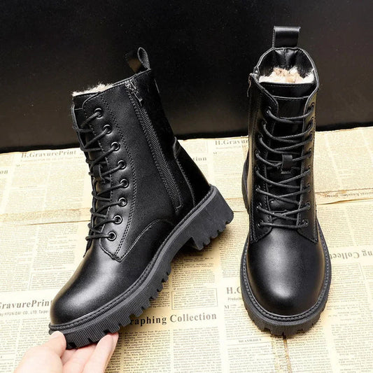 Leather Lace-Up Chunky Lug Sole Ankle Boots