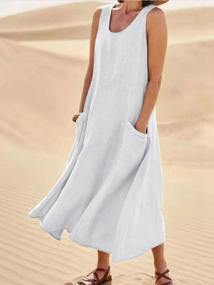 Women's Sleeveless Linen Midi Dress - Relaxed Fit - Breathable Lightweight Fabric - With Pockets