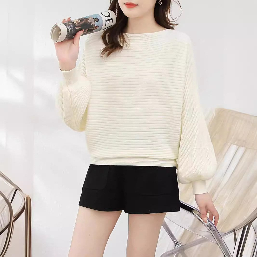 Ribbed Pullover Top - Casual Balloon Sleeve Sweater 