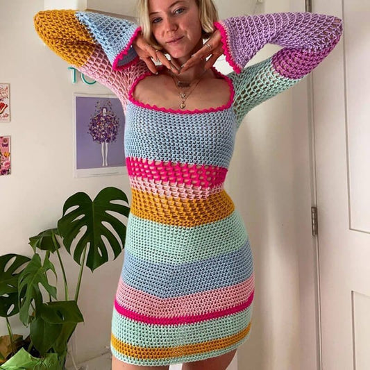 Open-Knit Crochet Boho Flare Cuff Dress