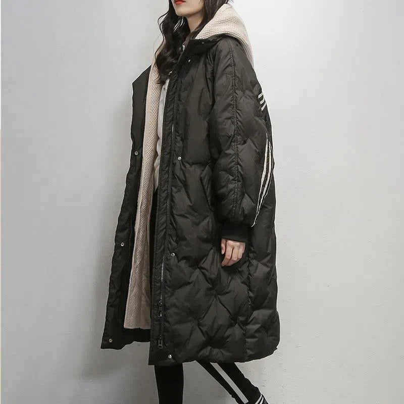 Women's Long Puffer Coat - Hooded Quilted Design - Mid-Calf Length - Down Insulated