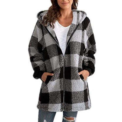 Women's mid-length zip-up hooded plaid jacket