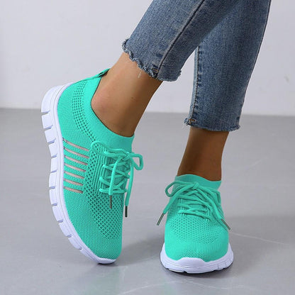 Women's Sneakers - Lightweight Breathable Knit - Slip-On Lace-Up - Cushioned Sole