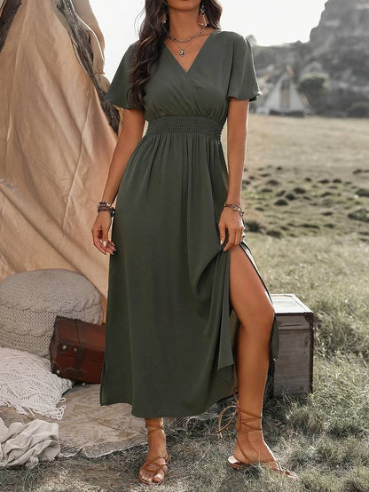 V-neck short sleeve smocked waist maxi dress for women