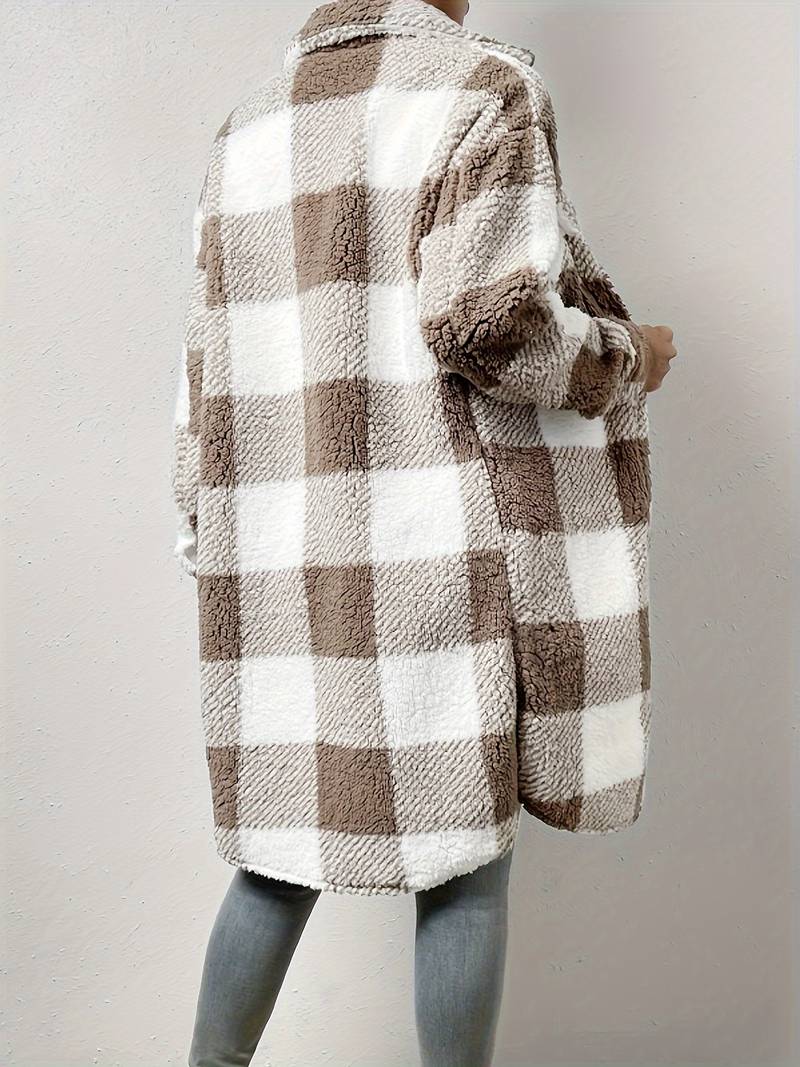 women's long checkered teddy jacket with buttons