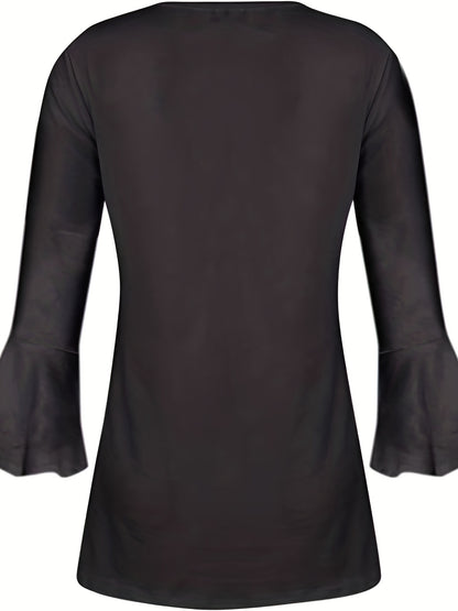 Women's Blouse - Pleated Design - V-Slit Neckline with Buttons - 3/4 Flare Sleeves