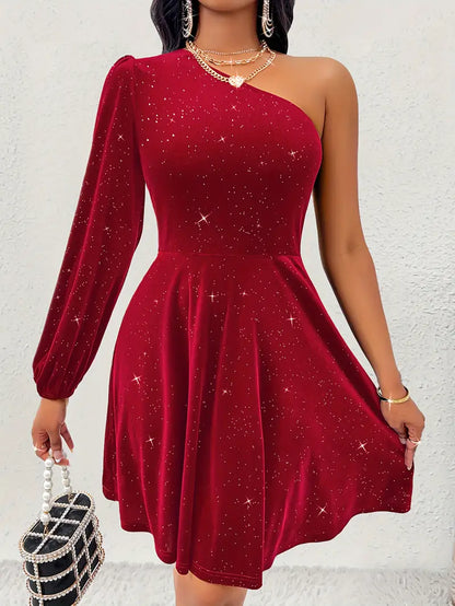 Women's One-Shoulder Dress - Embellished Shimmer - Long Sleeve Elegant Evening Wear