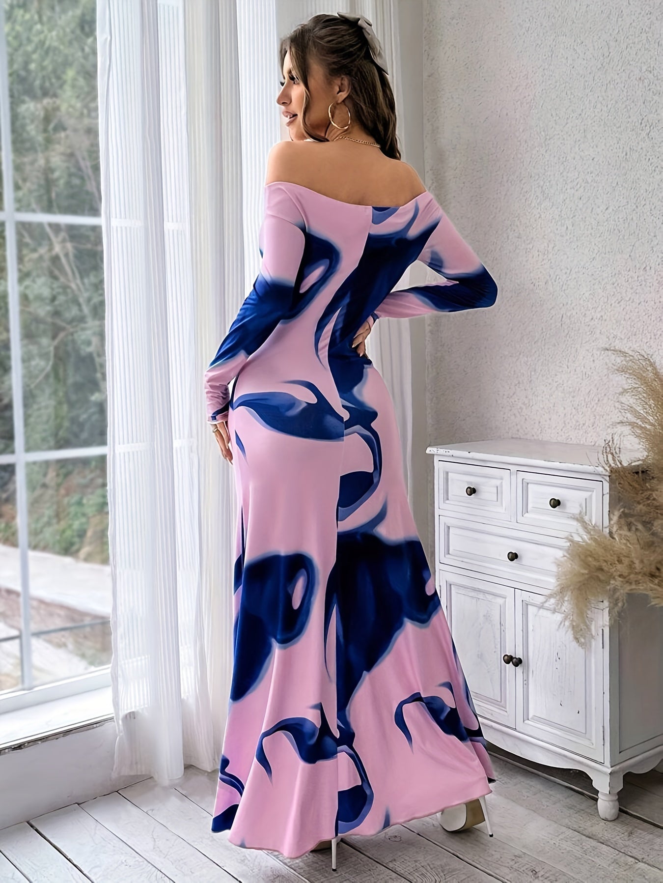 Off-shoulder abstract print ruched maxi dress for women
