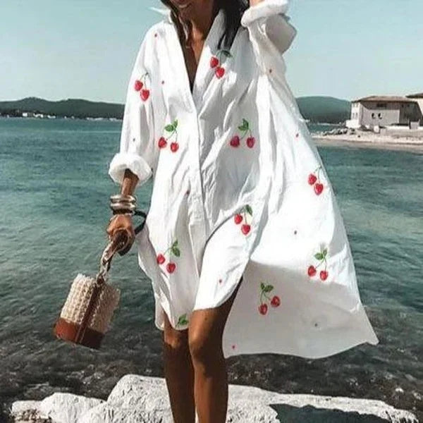 Women’s Shirt Dress - Loose Fit - Long Sleeve Button Down - Casual Beachwear