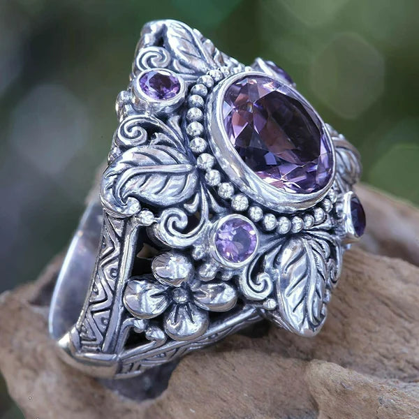 Meditation amethyst crystal flower ring