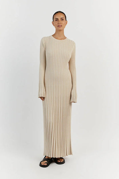 Women's Knit Dress - Ribbed Stretch Fabric - Long Sleeve - Elegant Full-Length Fit