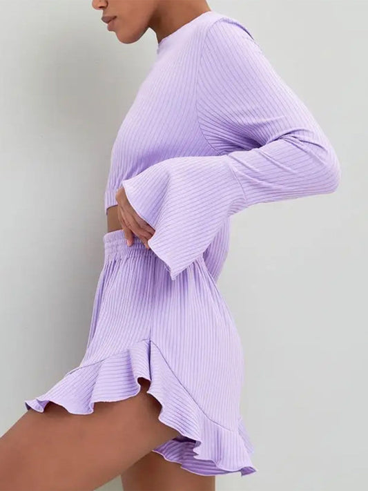 Lace Trim Long Sleeve Pajama Shorts Set