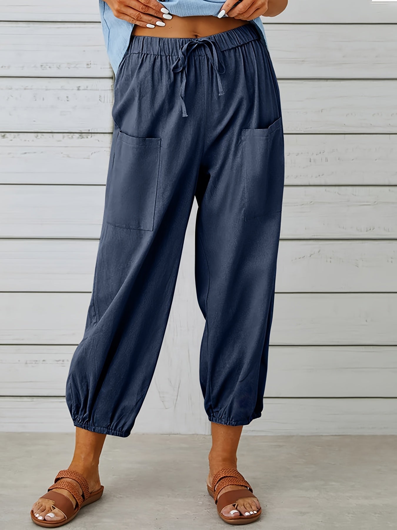 Women's Cropped Jogger Pants - Elastic Waist - Drawstring - Relaxed Fit - Pockets