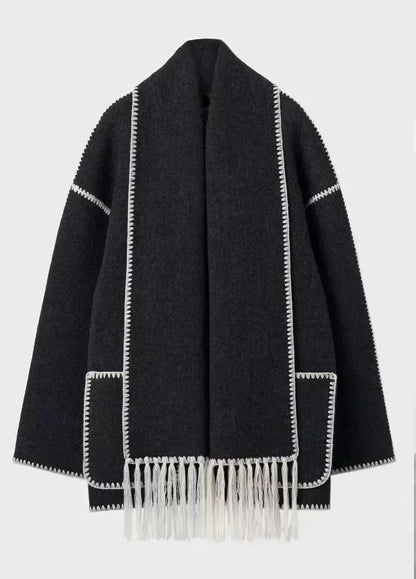 Women's coat with tassel scarf loose fit