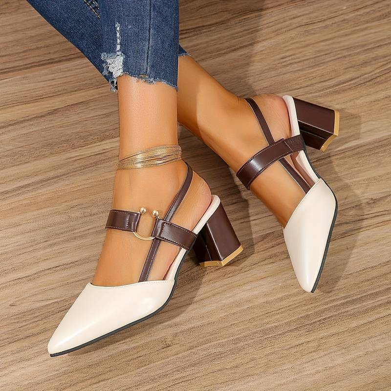 Women's Slingback Heels - Pointed Toe - Block Heel - Adjustable Strap Elegant Design