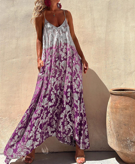 Women's Maxi Dress - Flowy Loose Fit - Spaghetti Straps - Elegant Floral Print