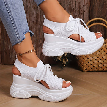 Chunky platform lace-up wedge sandals with knit design for women