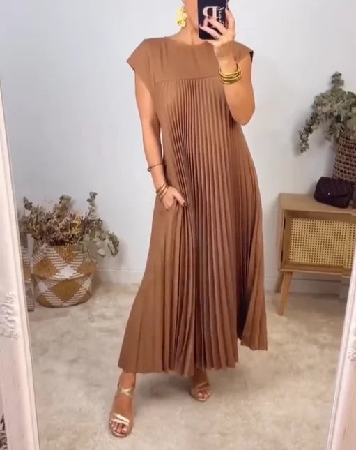 Women's Pleated Dress - Flowy Ankle-Length - Round Neck - Chic Cap Sleeves