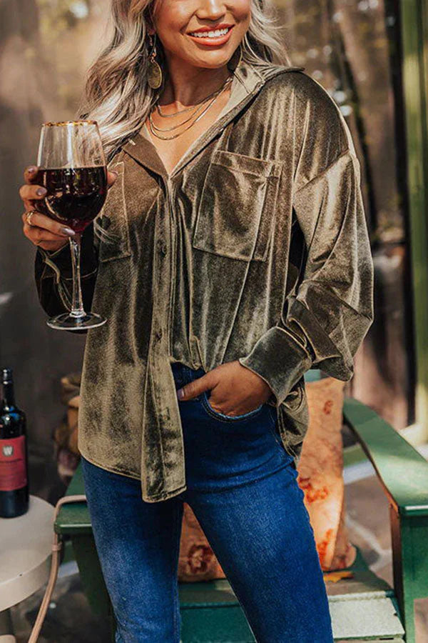 Women's Velvet Shirt - Button-Up - Long Sleeve - Relaxed Fit - Soft & Luxe Texture
