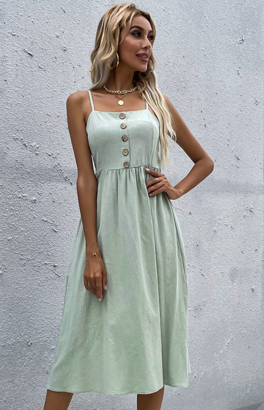 Women's A-Line Midi Dress - Sleeveless Spaghetti Strap - Button-Down Flared Fit