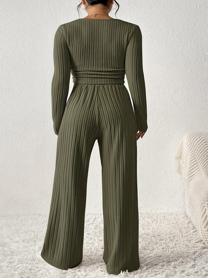 Two-piece ribbed crop top and wide-leg pants lounge set for women