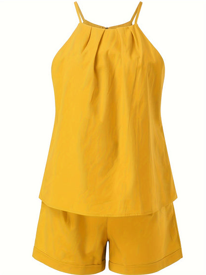 Halter-neck sleeveless top and belted shorts 2-piece co-ord set for women