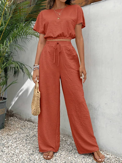 Two-piece wide-leg pants and crop top set for summer women