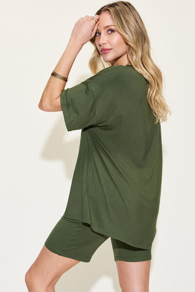 Women's v-neck drop shoulder short sleeve t-shirt and shorts set