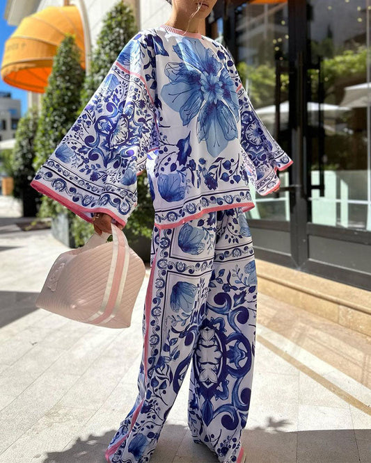 Porcelain Print Casual Two-Piece Set