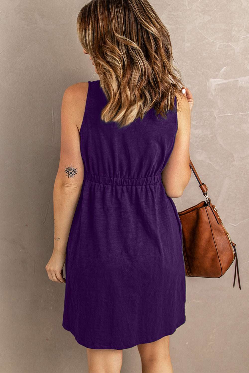 Women's Sleeveless Button-Up Mini Dress - V-Neck - Elastic Waist - Casual Fit