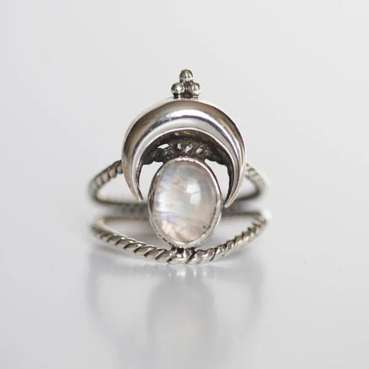 Oval Moon Phase Rainbow Moonstone Ring