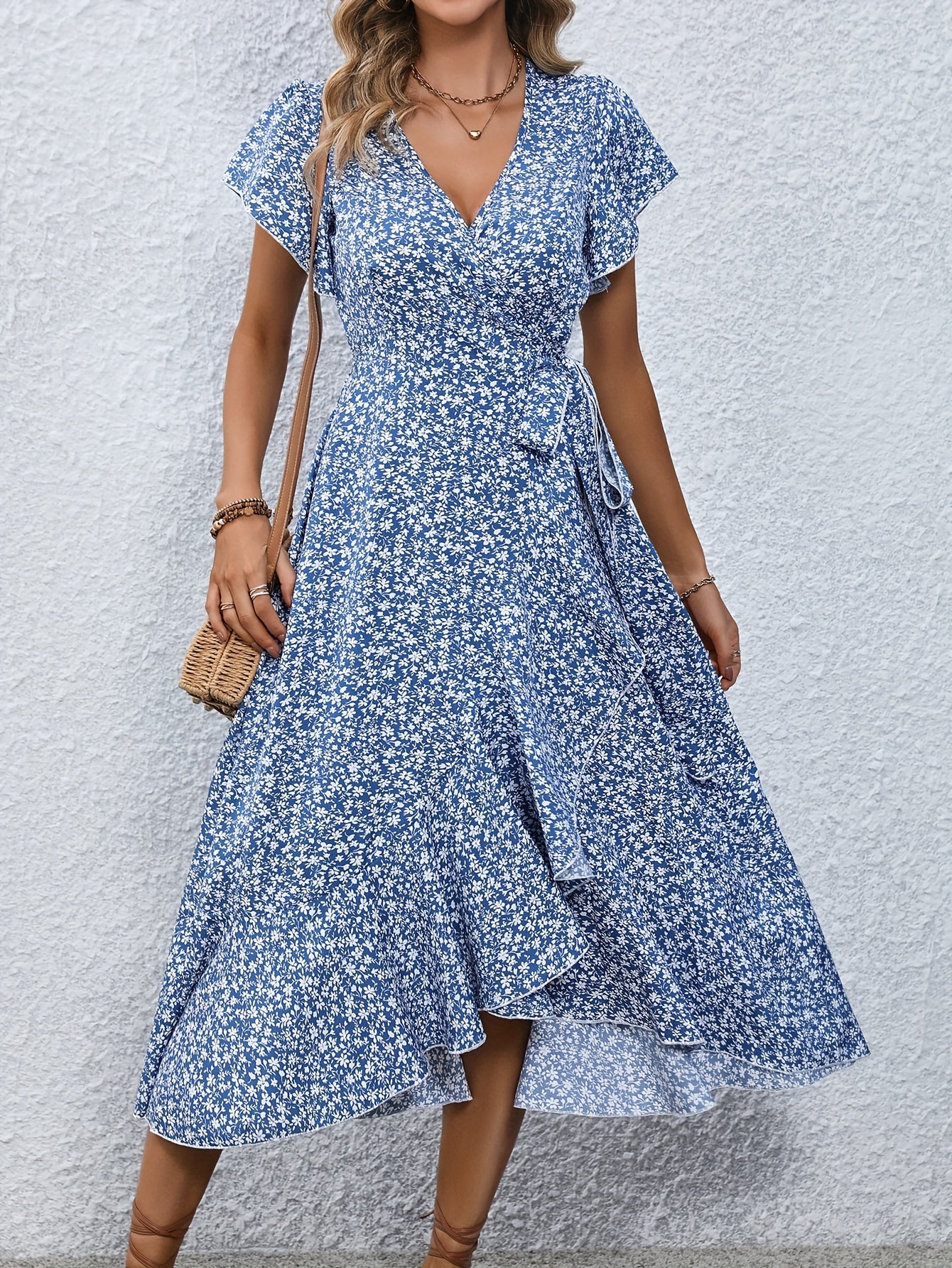 Women's Wrap Dress - Floral Print - V-Neck - Short Ruffle Sleeves - Midi Length
