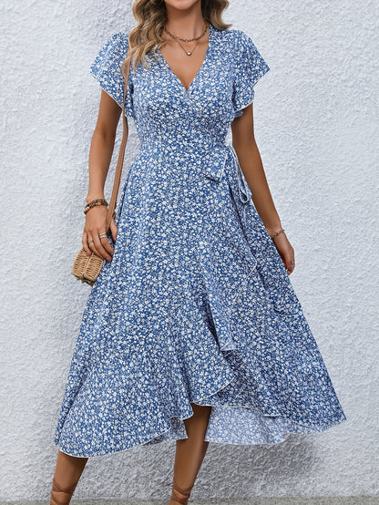 Women's Wrap Dress - Floral Print - V-Neck - Short Ruffle Sleeves - Midi Length