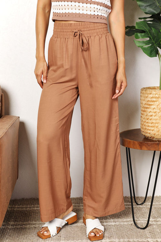 Smocked Waist Drawstring Wide Leg Pants