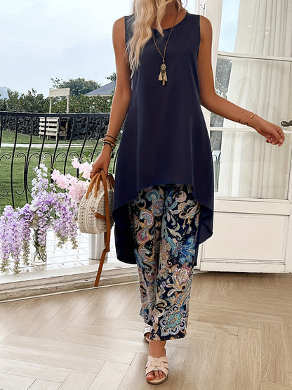 Sleeveless high-low top with paisley print pants set for women